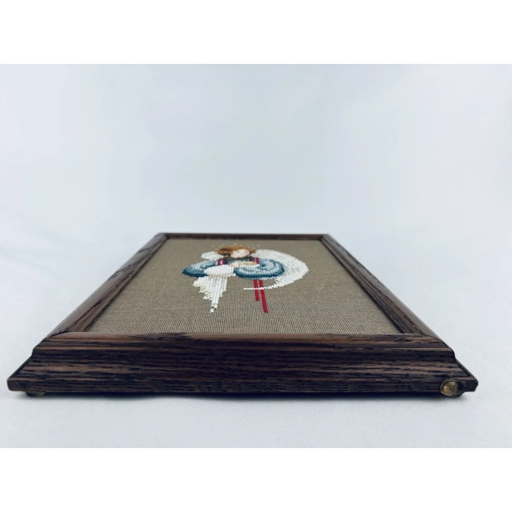 Wooden Framed Vintage Needlepoint Cross-Stitch‎ Guardian Angel Tapestry Picture